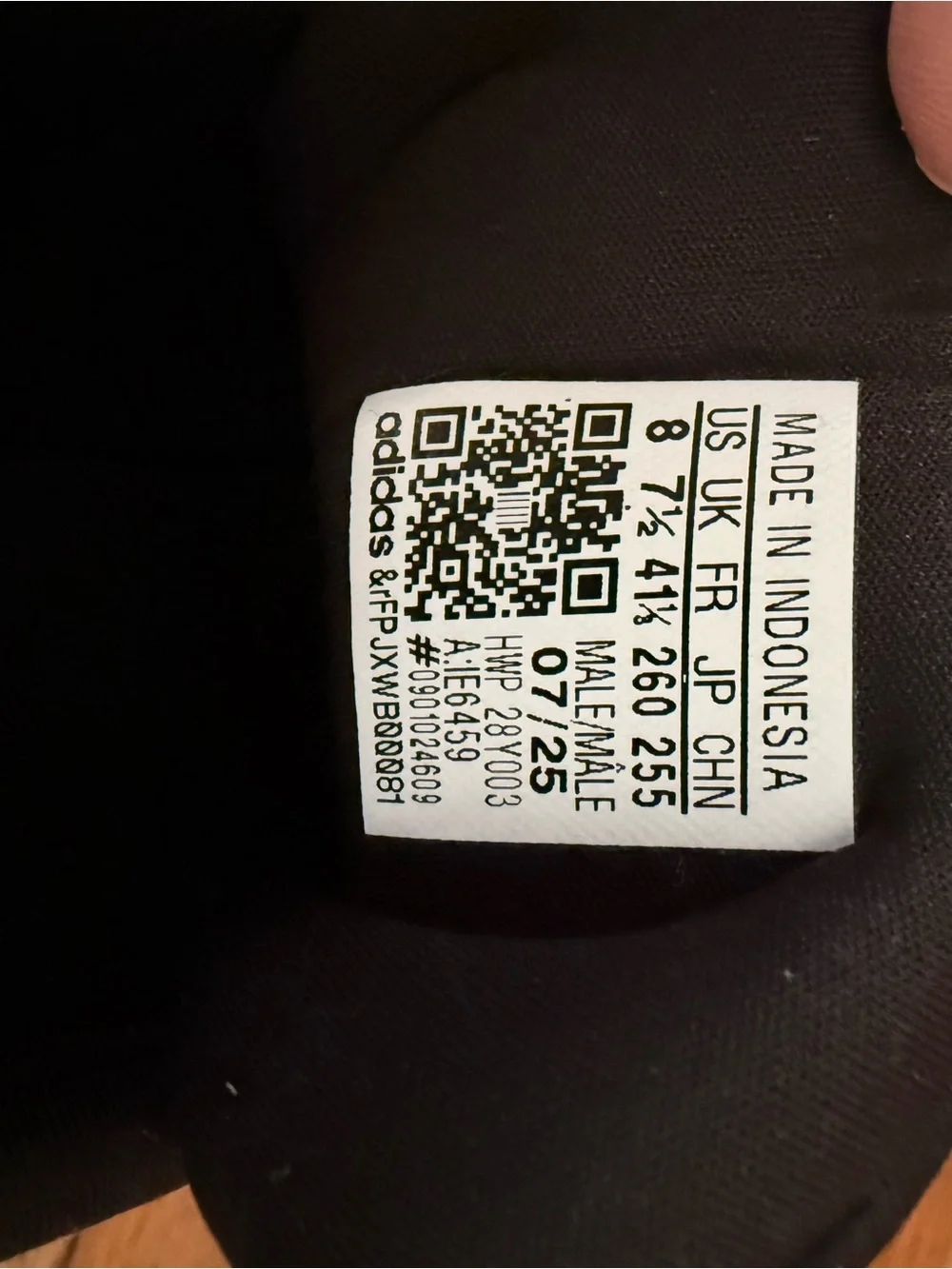 Men’s Adidas Black Sneaker Interior with White Size Label